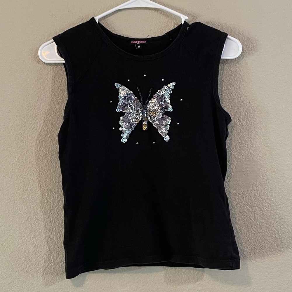 Vintage Y2K Black Sequin Butterfly Tank Top